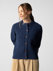 Wool Crew Neck Cardigan in Navy - Mora