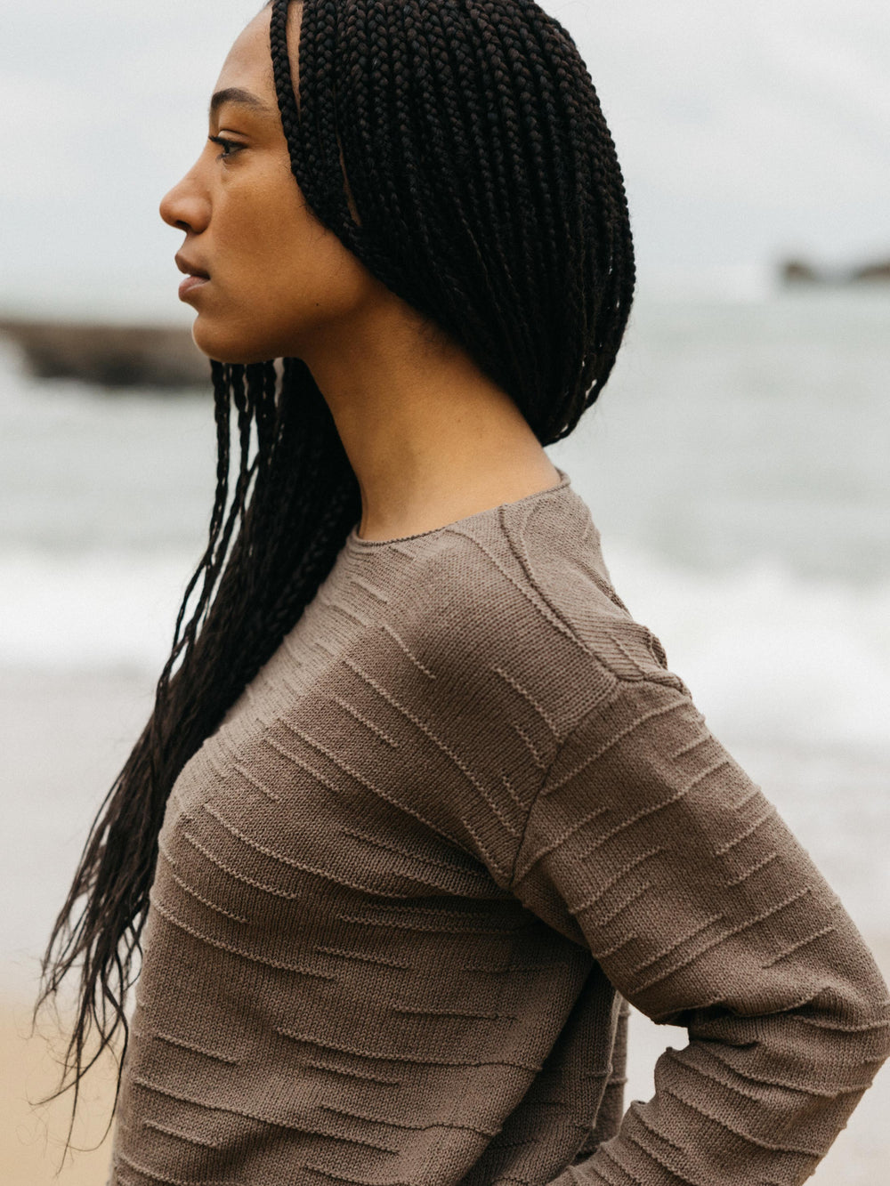 Organic Cotton Textured Knit Jumper in Brown - Travean