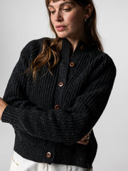 Wool Crew Neck Cardigan in Black - Mora