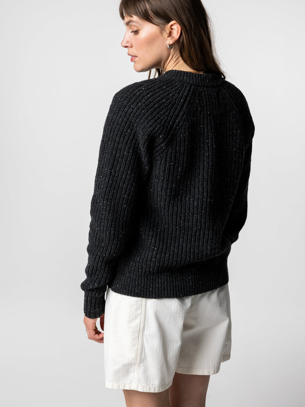 Wool Crew Neck Cardigan in Black - Mora