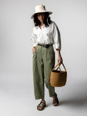 Organic Cotton Barrel Trouser in Bayleaf Green - Croft