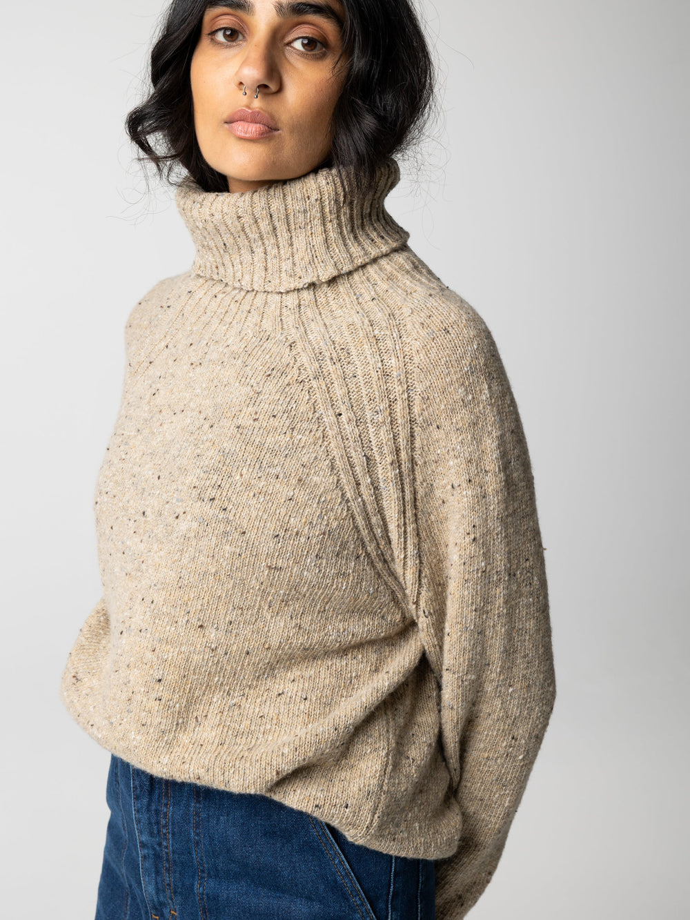 Wool Roll Neck Knit Jumper in Oatmeal - Farne