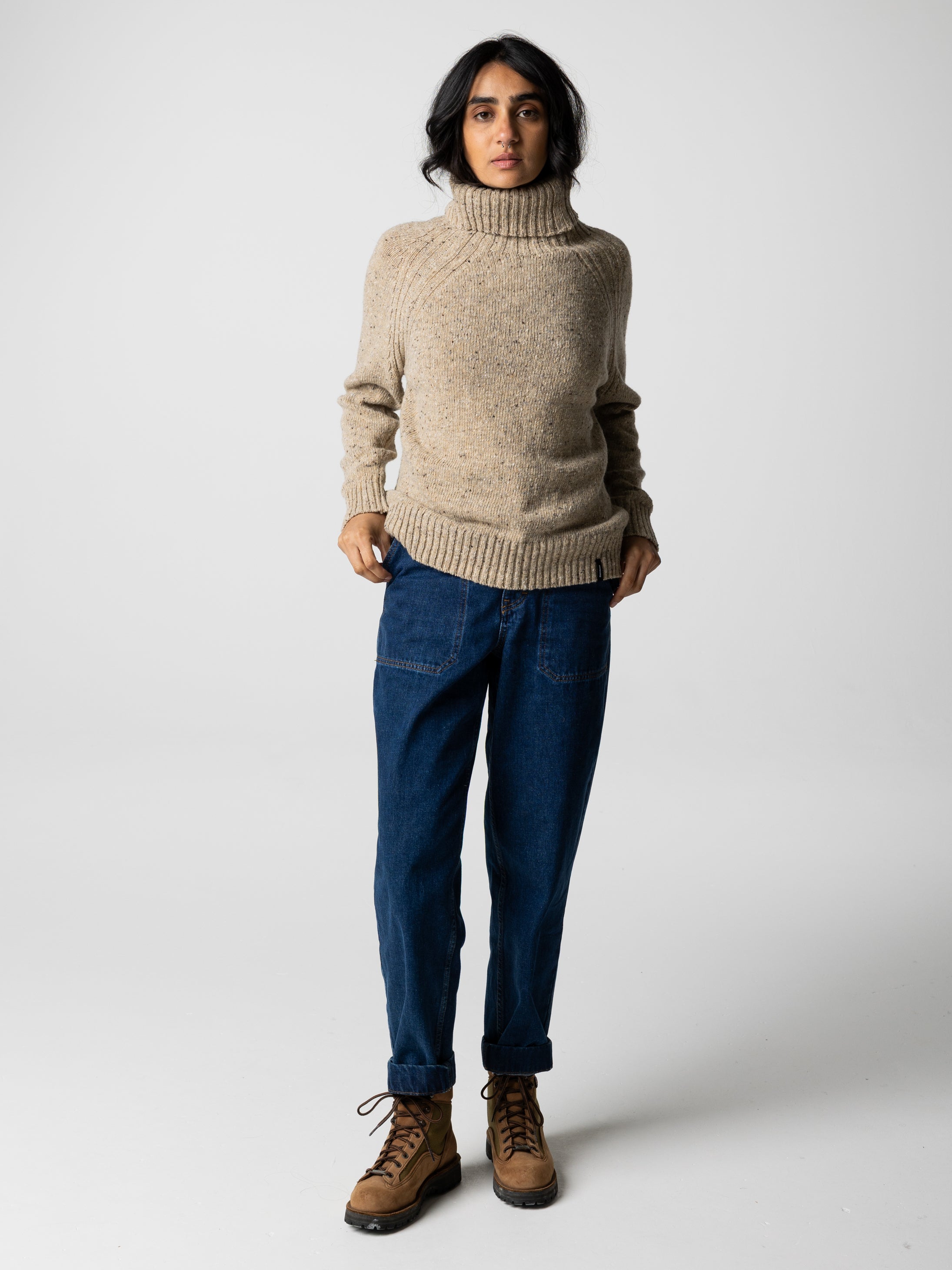 Wool Roll Neck Knit Jumper in Oatmeal - Farne