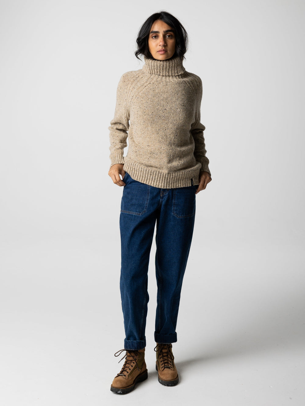 Wool Roll Neck Knit Jumper in Oatmeal - Farne