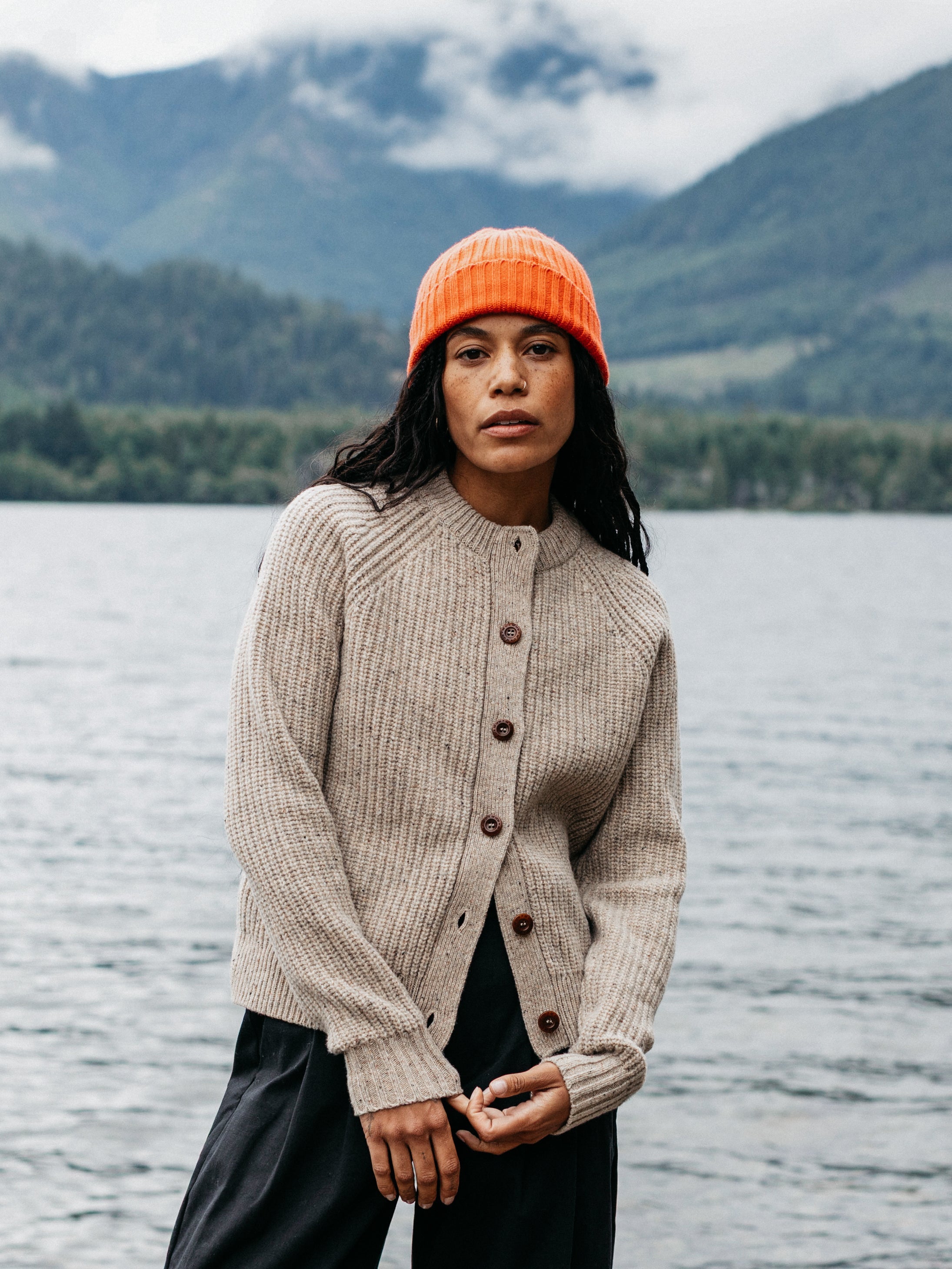 Wool Crew Neck Cardigan in Oatmeal - Mora