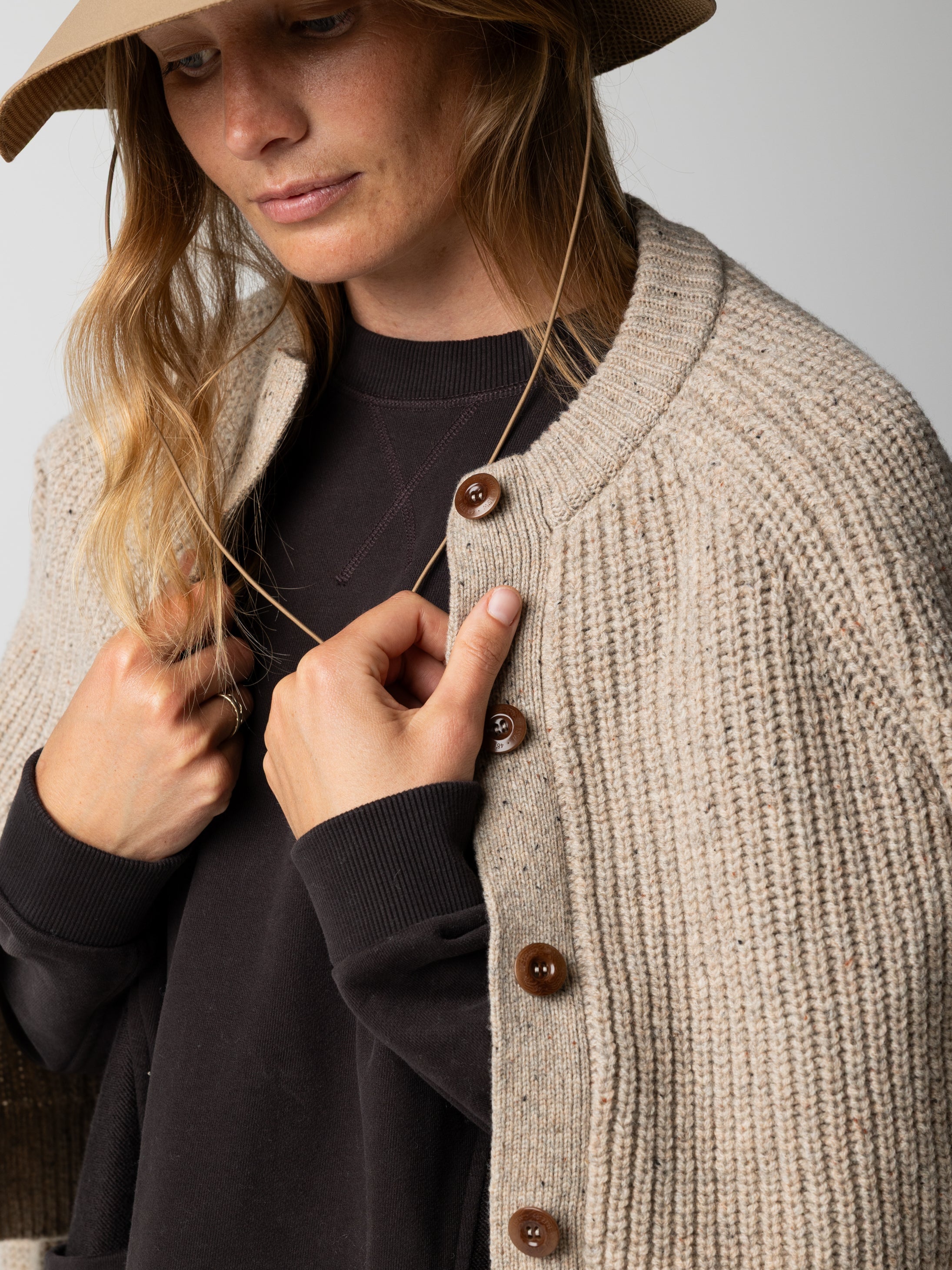 Wool Crew Neck Cardigan in Oatmeal - Mora