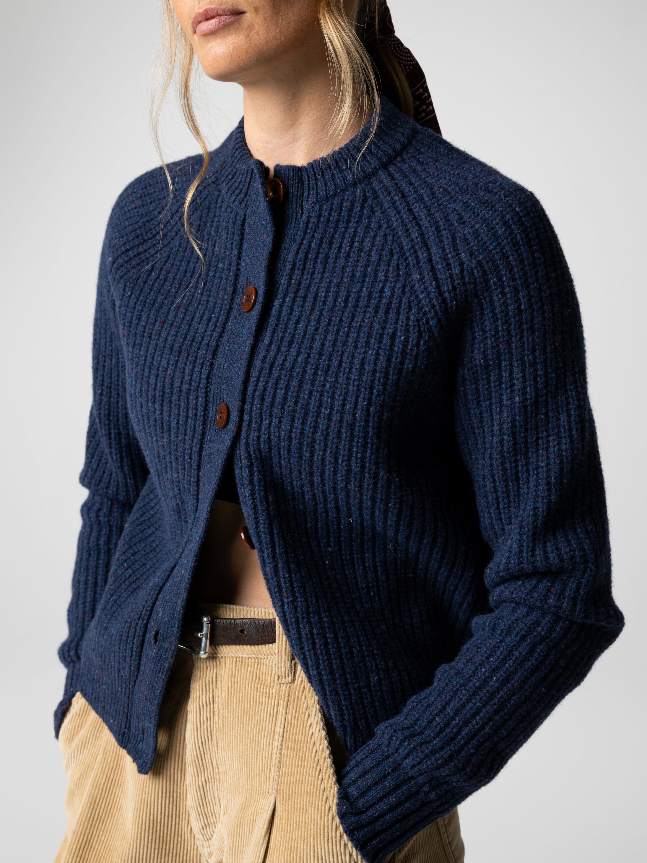 Wool Crew Neck Cardigan in Navy - Mora
