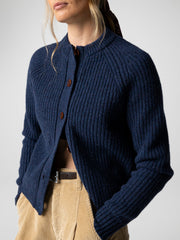 Wool Crew Neck Cardigan in Navy - Mora