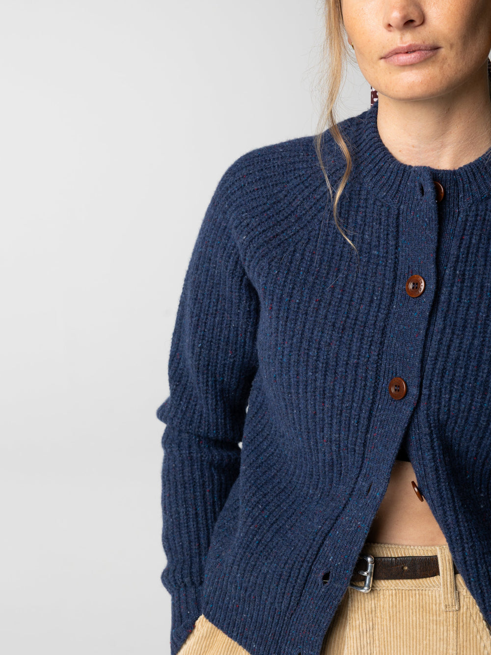 Wool Crew Neck Cardigan in Navy - Mora