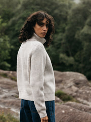 Fisherman Wool Roll Neck Jumper in Ecru - Mora