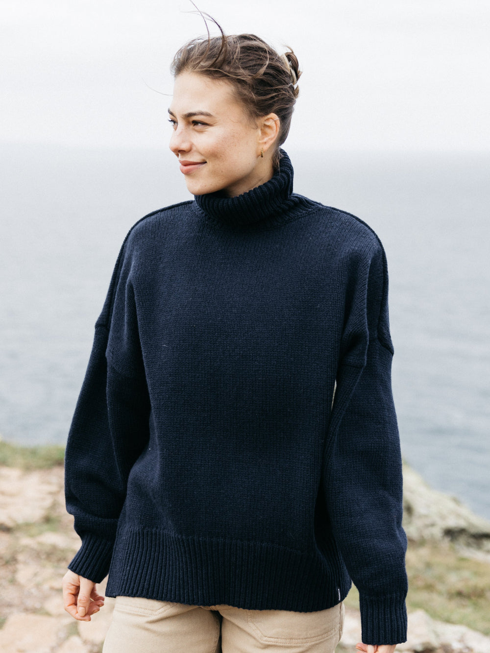 Roll Neck Knit Jumper in Navy - Eyre