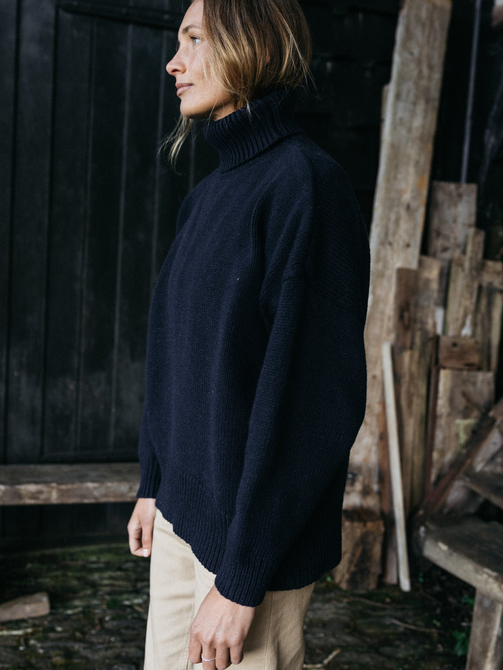 Roll Neck Knit Jumper in Navy - Eyre